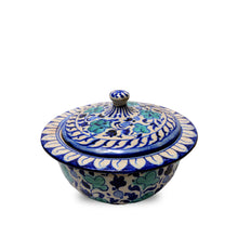Handmade Clay Hala Serving Bowl with Lid - Elegant Home Decor and Dining, Handcrafted Earthenware - Exquisite Serveware Pot for Curry Serving, Blue Flower Design, 9'' Dia