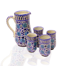 ClayHandi Handmade Moroccan Pottery Jug Glass Set - Organic Clay Pure Traditional Drinking Set, Blue, Set Of 4 Glasses w/ 1 Jug
