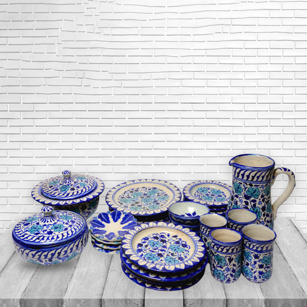 ClayHandi Handmade Clay Dinner Pot Set, Dinnerware, Serveware, Traditional Pottery Dinner Set, Hand painted, Blue Floral Desing