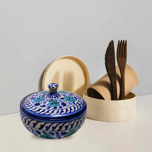 Handmade Dinner Serving Pot, Clay Hala Bowl with Lid, Terracota Earthen Pot, Dinnerware, Serveware, Blue Floral Design