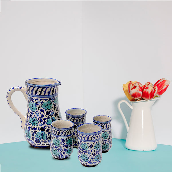 ClayHandi Handmade Moroccan Pottery Jug Glass Set - Organic Clay Pure Traditional Drinking Set, Blue, Set Of 4 Glasses w/ 1 Jug