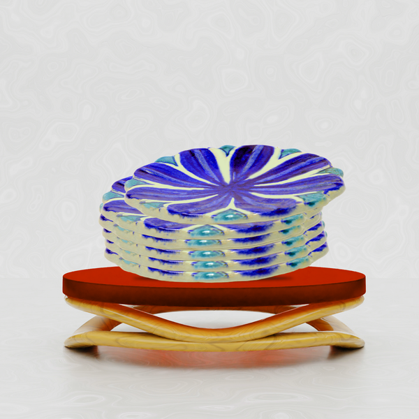 Clay Saucer Plates Set, Blue Hala Pirch for Cups, Table Decoration, Floral Clay Saucers Set