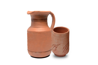 Traditional Handmade Jug with lid, Engraved Leaf Crafted, Earthen Clay Water Jug ,Unglazed